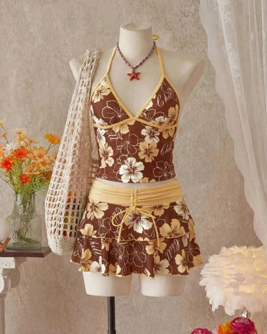Women’s Print Halter Bikini Set 3PCS Tankini Swimwear with Skirt Beachwear