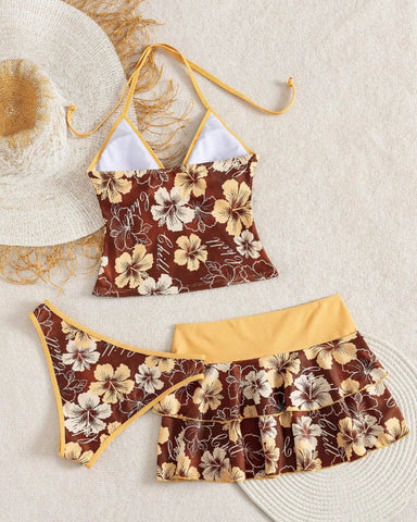 Women’s Print Halter Bikini Set 3PCS Tankini Swimwear with Skirt Beachwear