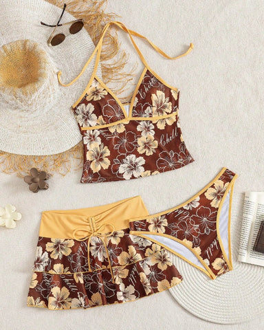 Women’s Print Halter Bikini Set 3PCS Tankini Swimwear with Skirt Beachwear