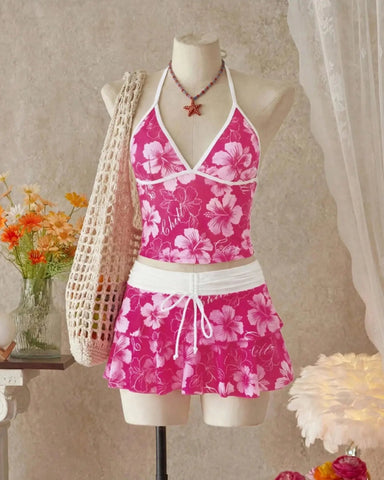 Women’s Print Halter Bikini Set 3PCS Tankini Swimwear with Skirt Beachwear