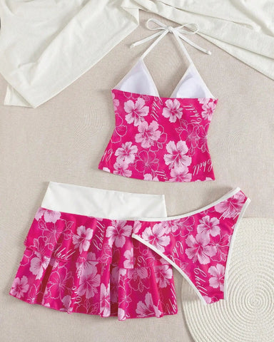 Women’s Print Halter Bikini Set 3PCS Tankini Swimwear with Skirt Beachwear