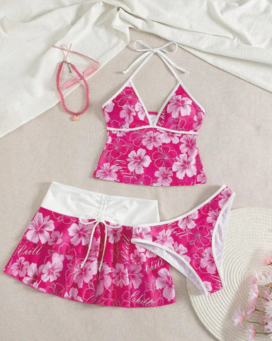 Women’s Print Halter Bikini Set 3PCS Tankini Swimwear with Skirt Beachwear