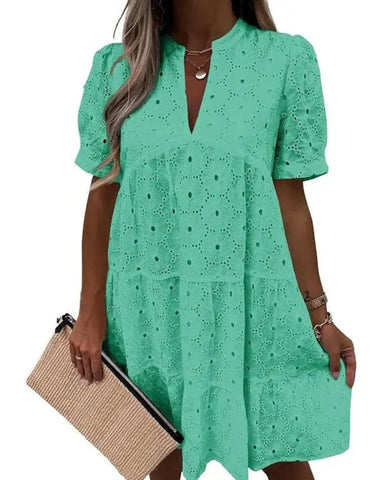 Women’s Lace Eyelet Babydoll Dress Casual Flowy V-Neck Summer Tunic Dress