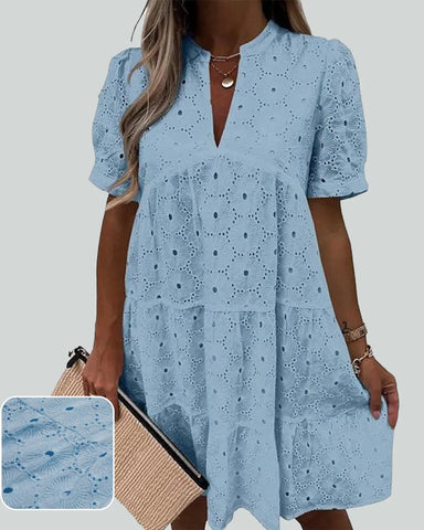 Women’s Lace Eyelet Babydoll Dress Casual Flowy V-Neck Summer Tunic Dress