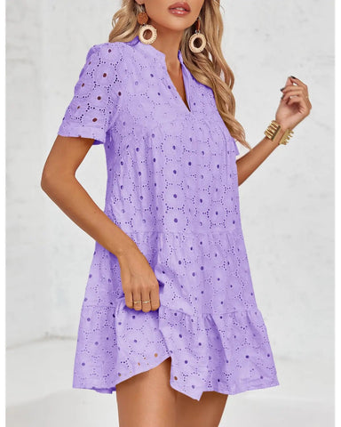 Women’s Lace Eyelet Babydoll Dress Casual Flowy V-Neck Summer Tunic Dress
