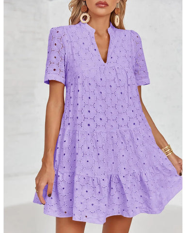 Women’s Lace Eyelet Babydoll Dress Casual Flowy V-Neck Summer Tunic Dress