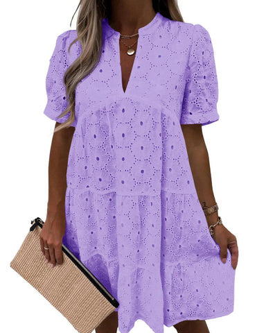 Women’s Lace Eyelet Babydoll Dress Casual Flowy V-Neck Summer Tunic Dress