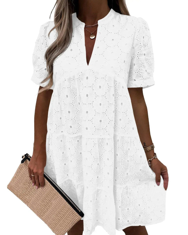 Women’s Lace Eyelet Babydoll Dress Casual Flowy V-Neck Summer Tunic Dress