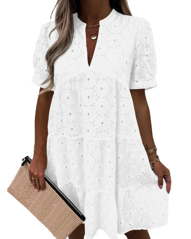 Women’s Lace Eyelet Babydoll Dress Casual Flowy V-Neck Summer Tunic Dress