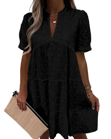Women’s Lace Eyelet Babydoll Dress Casual Flowy V-Neck Summer Tunic Dress