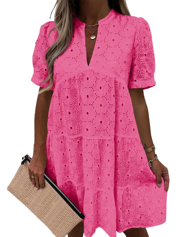 Women’s Lace Eyelet Babydoll Dress Casual Flowy V-Neck Summer Tunic Dress