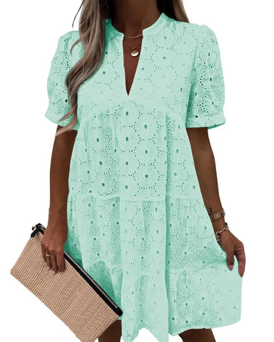 Women’s Lace Eyelet Babydoll Dress Casual Flowy V-Neck Summer Tunic Dress