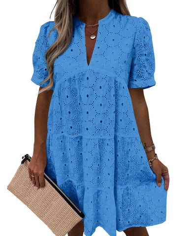 Women’s Lace Eyelet Babydoll Dress Casual Flowy V-Neck Summer Tunic Dress