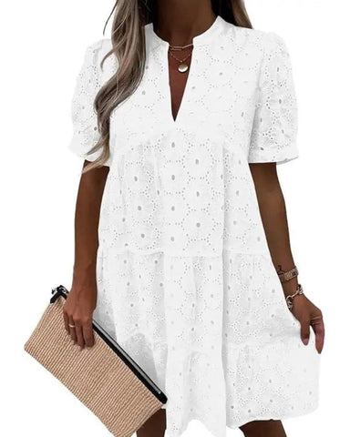 Women’s Lace Eyelet Babydoll Dress Casual Flowy V-Neck Summer Tunic Dress