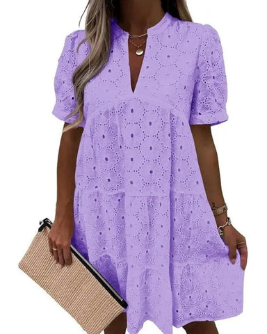 Women’s Lace Eyelet Babydoll Dress Casual Flowy V-Neck Summer Tunic Dress