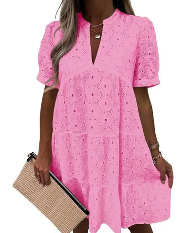 Women’s Lace Eyelet Babydoll Dress Casual Flowy V-Neck Summer Tunic Dress