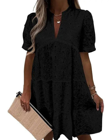 Women’s Lace Eyelet Babydoll Dress Casual Flowy V-Neck Summer Tunic Dress