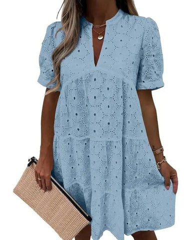 Women’s Lace Eyelet Babydoll Dress Casual Flowy V-Neck Summer Tunic Dress