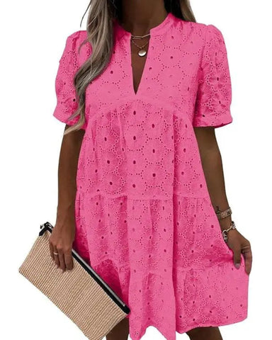 Women’s Lace Eyelet Babydoll Dress Casual Flowy V-Neck Summer Tunic Dress