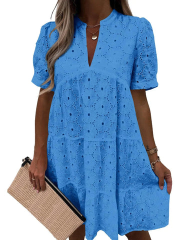 Women’s Lace Eyelet Babydoll Dress Casual Flowy V-Neck Summer Tunic Dress