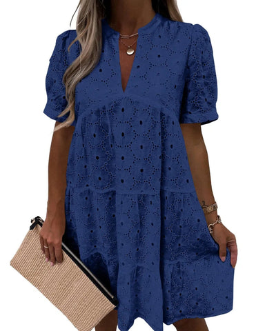 Women’s Lace Eyelet Babydoll Dress Casual Flowy V-Neck Summer Tunic Dress