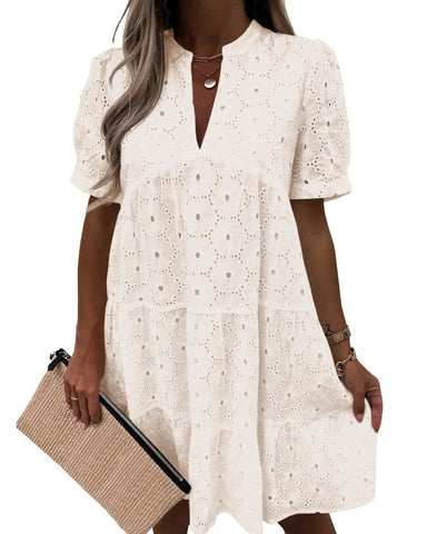 Women’s Lace Eyelet Babydoll Dress Casual Flowy V-Neck Summer Tunic Dress