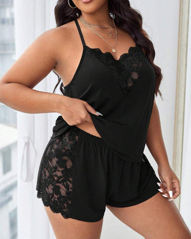 Plus Size Lace Halter Pajama Set Sleeveless Cami Top & Shorts Loungewear Outfit