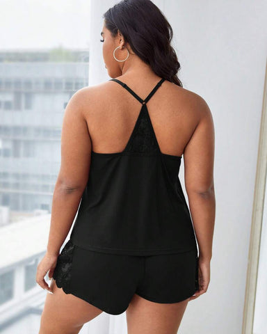 Plus Size Lace Halter Pajama Set Sleeveless Cami Top & Shorts Loungewear Outfit