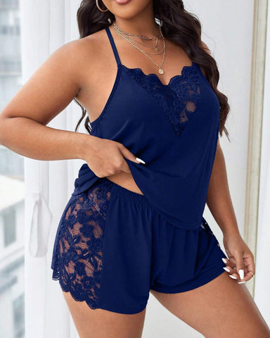Plus Size Lace Halter Pajama Set Sleeveless Cami Top & Shorts Loungewear Outfit