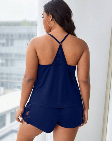 Plus Size Lace Halter Pajama Set Sleeveless Cami Top & Shorts Loungewear Outfit