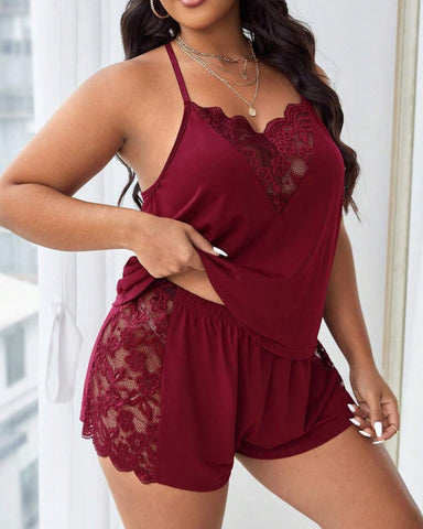 Plus Size Lace Halter Pajama Set Sleeveless Cami Top & Shorts Loungewear Outfit