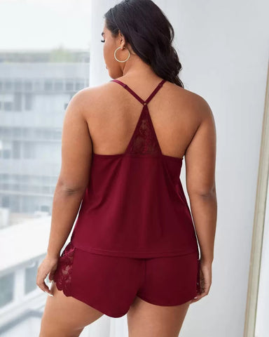 Plus Size Lace Halter Pajama Set Sleeveless Cami Top & Shorts Loungewear Outfit