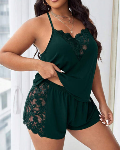 Plus Size Lace Halter Pajama Set Sleeveless Cami Top & Shorts Loungewear Outfit