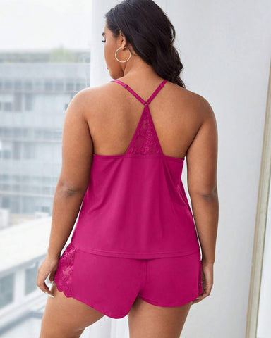 Plus Size Lace Halter Pajama Set Sleeveless Cami Top & Shorts Loungewear Outfit