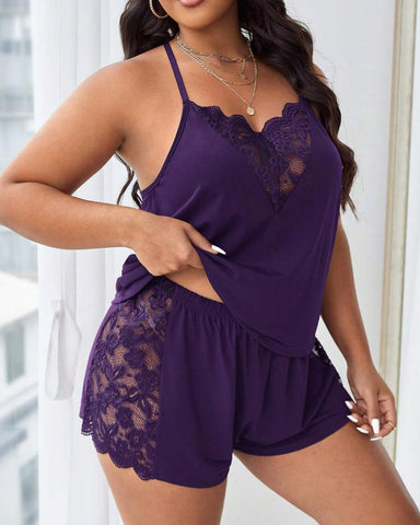 Plus Size Lace Halter Pajama Set Sleeveless Cami Top & Shorts Loungewear Outfit