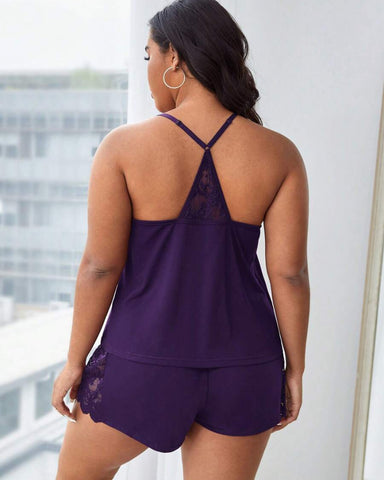 Plus Size Lace Halter Pajama Set Sleeveless Cami Top & Shorts Loungewear Outfit