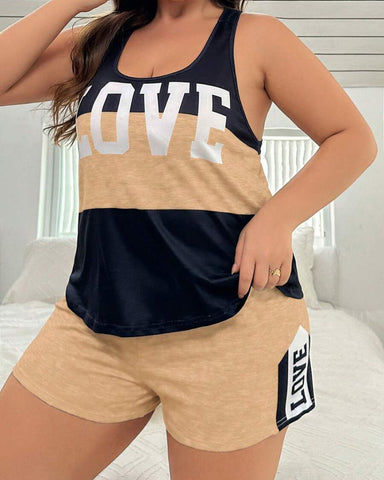 Plus Size Letter Print Colorblock Camisole & Shorts Pajama Set