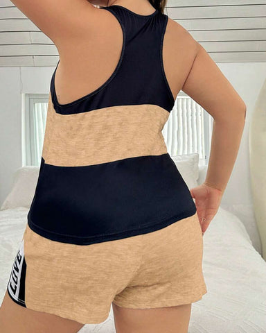 Plus Size Letter Print Colorblock Camisole & Shorts Pajama Set