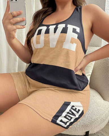 Plus Size Letter Print Colorblock Camisole & Shorts Pajama Set
