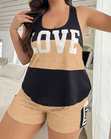 Plus Size Letter Print Colorblock Camisole & Shorts Pajama Set