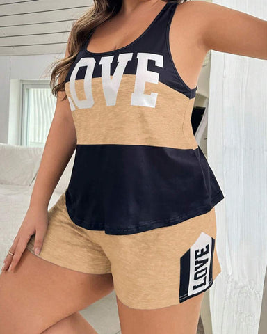Plus Size Letter Print Colorblock Camisole & Shorts Pajama Set