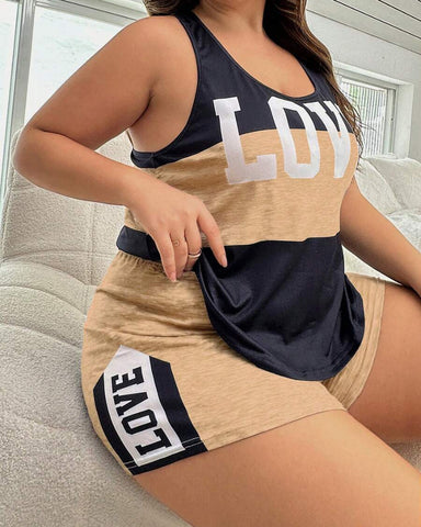 Plus Size Letter Print Colorblock Camisole & Shorts Pajama Set