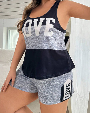 Plus Size Letter Print Colorblock Camisole & Shorts Pajama Set