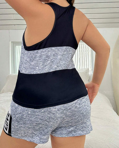 Plus Size Letter Print Colorblock Camisole & Shorts Pajama Set
