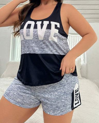 Plus Size Letter Print Colorblock Camisole & Shorts Pajama Set