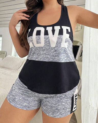 Plus Size Letter Print Colorblock Camisole & Shorts Pajama Set