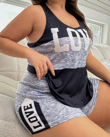 Plus Size Letter Print Colorblock Camisole & Shorts Pajama Set