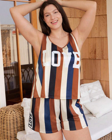 Plus Size Letter Print Colorblock Camisole & Shorts Pajama Set