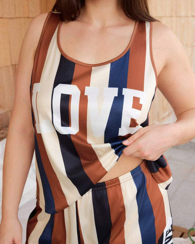 Plus Size Letter Print Colorblock Camisole & Shorts Pajama Set