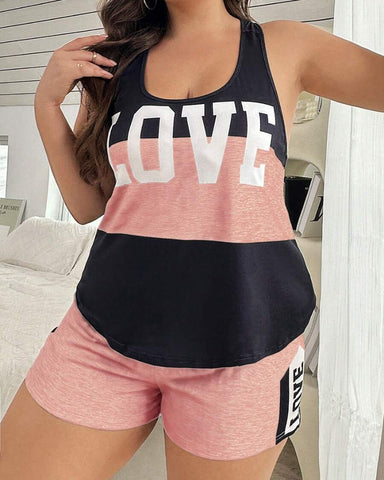 Plus Size Letter Print Colorblock Camisole & Shorts Pajama Set